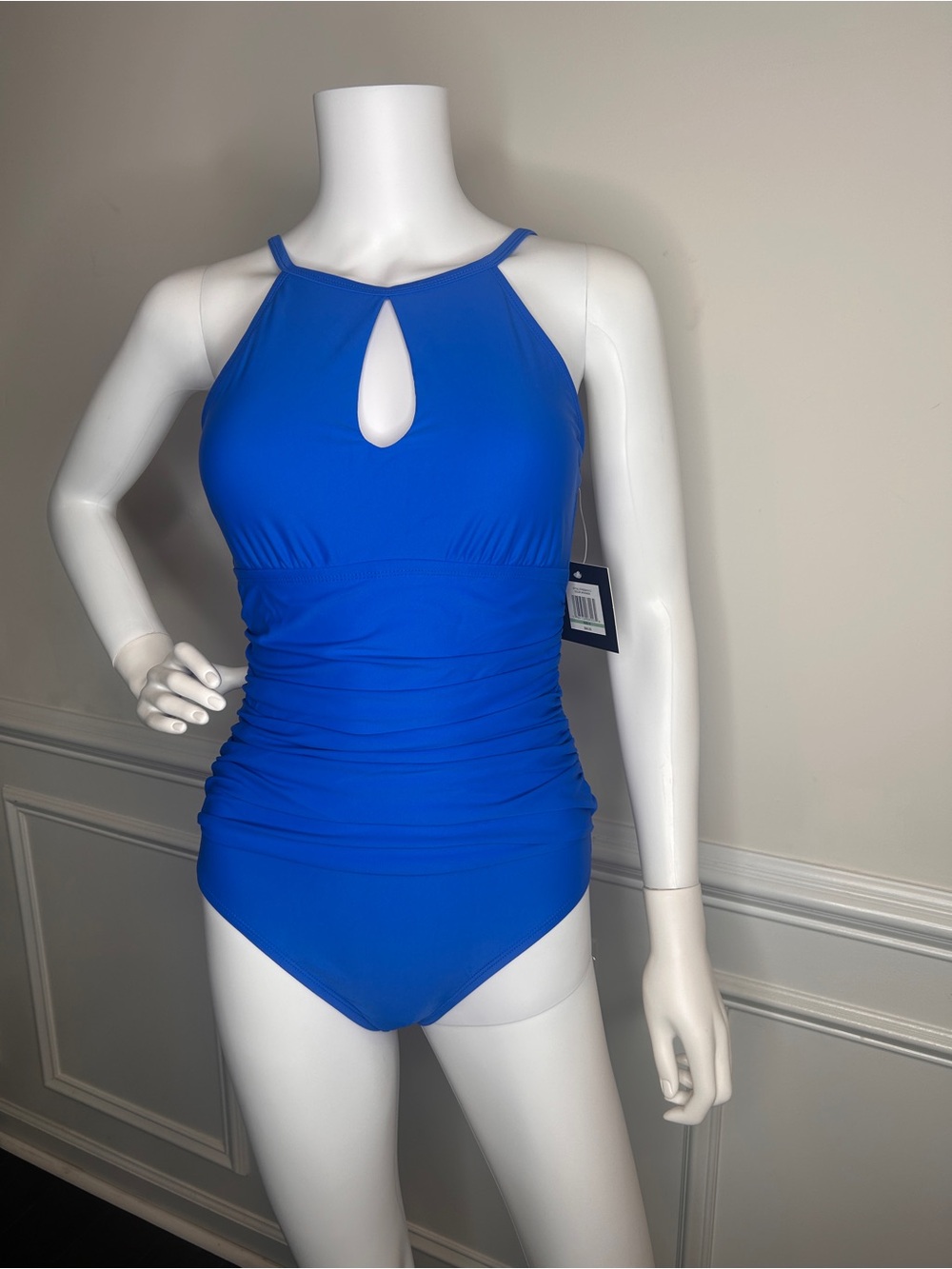 Ellen Tracy One Piece Swimsuit Women Size 8 Blue High Neck Ruched Slimming NWT - Picture 8 of 15